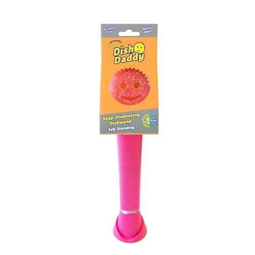 Image of Scrub Daddy Dish Wand Scrubbing Brush with Handle, Soap Dispensing Dish Brushes, Texture Changing Washing Up Sponges With Liquid Dispenser, Scrubber with Scraper & Detachable Head Sponge, Pink
