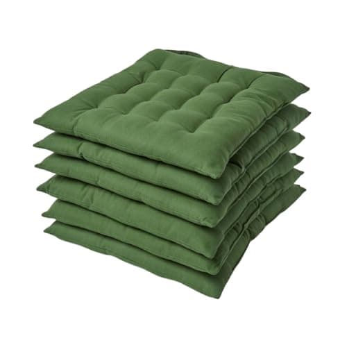Image of HOMESCAPES Dark Olive Green Seat Pads for Dining Chair, Set of 6 100% Cotton Chair Pads with Straps, 40x40 cm