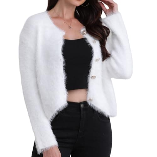 Image of LIUYUYOUGO Womens Cardigans Fuzzy Knit Sweater Tops Open Front Button Cropped Cardigans Winter Soft Warm Fluffy Fleece Sweater Coats Fashion Shrug Jumpers Knitwear Tops White M