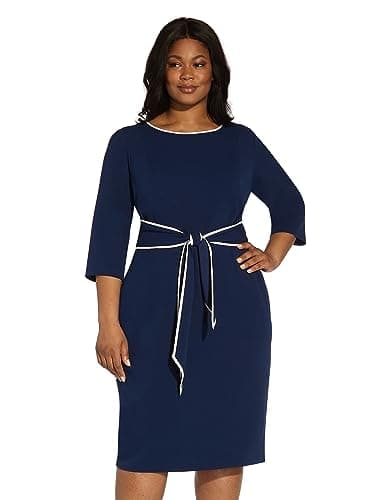 Image of Adrianna Papell Women's Tipped Crepe Tie Dress, Navy Sateen/Ivory, 22