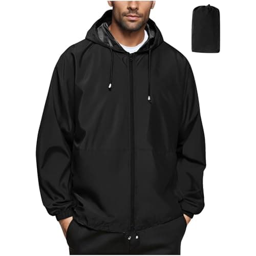 Image of Flodxo Rain Jacket Men Packable Waterproof Lightweight Jacket Windbreaker Quick Dry Raincoat Plus Size Zip Up Coat Packaway Breathable Windproof Shell Jacket Camping Running Hiking Black L