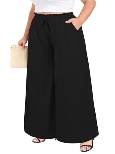 Image of Moon Wood Womens Wide Leg Trousers Ladies Printed Flowy Palazzo Pants Summer Elasticated Smocked Waist Casual Trousers with Pockets Plus Size Black 3XL