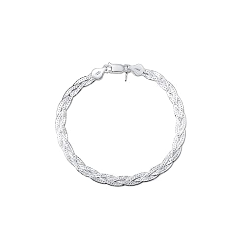 Image of Amberta Women's 925 Sterling Silver Braided Herringbone Chain Bracelet (Length 7.5 inch): Silver