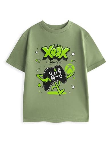 Image of Xbox Game Controller Boys Sage Green Graphic Tee | Short Sleeve T-Shirt with Game On Print | Neon Yellow & Black Cartoon Top | Kids Gaming Merch Merch - 13-14 Years