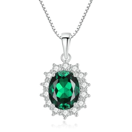 Image of Princess Diana Kate Middleton Natural Sapphire Necklace for Women with Lab Created Gemstone, Pendant Necklace for Women with Birthstone, Engagement Anniversary Birthday Women's Gift (Silver Emerald)