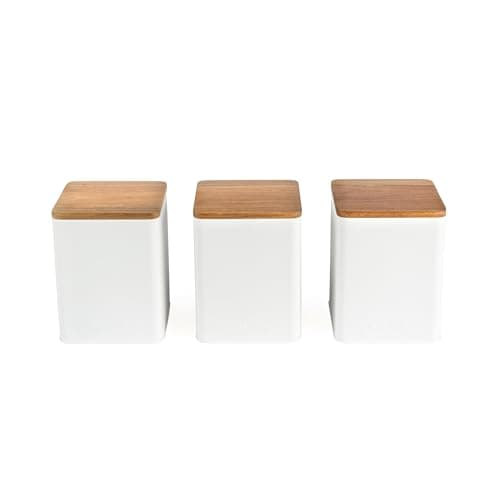 Image of Salter BW12898WEU7 Toronto 3-Piece Canister Set – Tea, Coffee, Sugar Storage Canisters, Powder-Coated Matt Finish, Acacia Wood Lids, Easy Clean, Space Saving Jars, Long Lasting Freshness, White