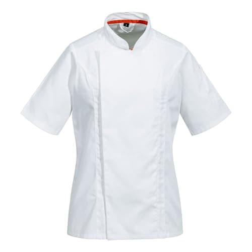 Image of Portwest C736 Women's Chef Mesh Air Pro Short Sleeve Jacket Lightweight Breathable Kitchen Uniform Durable Easy Care Professional Catering Workwear Coat, White, S