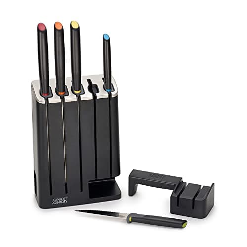 Image of Joseph Joseph Elevate Knives SlimBlock Stainless Steel 5 Piece Kitchen Knife Block Set with ceramic sharpener – Black