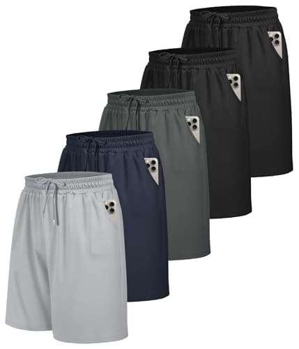 Image of BOOJO 5 Pack Gym Shorts Men with Pockets UK Sports Breathable for Running Training(Black+Black+Dark Grey+Navy+Light Grey,XL)