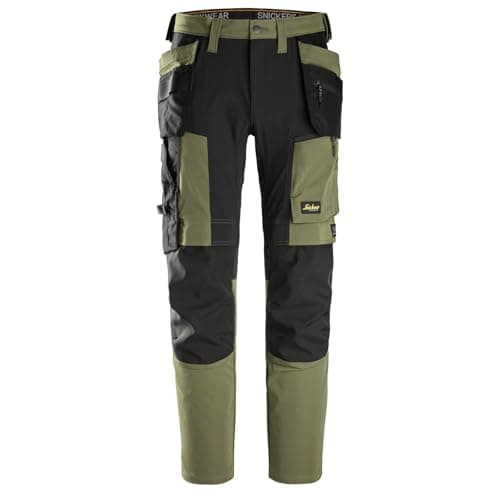 Image of Snickers AllroundWork Stretch Slim Fit Trousers Holster Pockets 6218 (UK, Waist & Inseam, 36, 32, Khaki Green/Black)