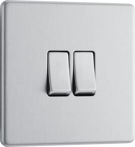 Image of BG Electrical Double Wall Light Switch, 2 Way, Screwless Front Plate, Slim Profile, Premium Flatplate, Brushed Steel, 20A, 16AX, FBS42