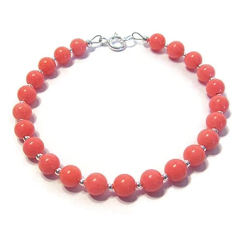 Image of Sterling Silver Pink Coral Bead Bracelet, Womens Gemstone Jewellery Gift, 7.5 inch
