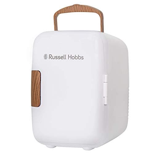 Image of Russell Hobbs RH4CLR1001SCW Mini Fridge Portable 4L/6 Cans AC/DC Cooler and Warmer for Drinks Cosmetics Makeup Skin Care Scandinavian Style White and Wood Effect