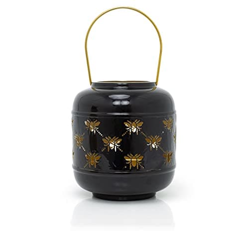 Image of 21cm Honey Bee Black Metal Hurricane Candle Lantern | Decorative Hanging Lantern for Home Garden Patio | Indoor Outdoor Bee Lantern Garden Gifts