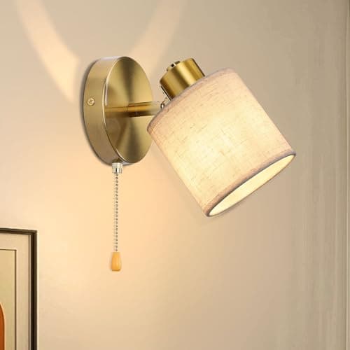 Image of Winverty Pull Cord Wall Lights with Switch, Gold Wall Lamp with Fabric Lampshade, Metal E27 Vintage Bedside Wall Sconce for Bedroom Living Room