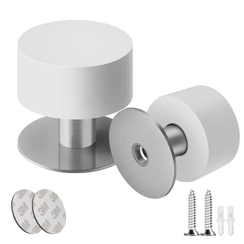 Image of SZWLJ 2PCS White Self-Adhesive Door Stops, Wall Mounted Door Stoppers, Rubber & Stainless Steel Doorstop for Home and Office Door Noise Reduction & Shock Absorption (Screws, Plugs, Stickers)