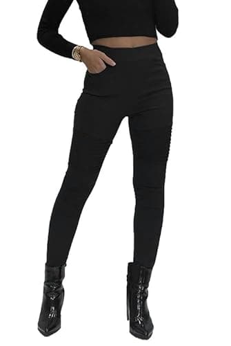 Image of Want Clothing - Women's Biker Style Ribbed Knee Denim Look Casual Skinny Stretch FIT Jeans Pants (as8, Alpha, s, m, Regular, Regular, Black)