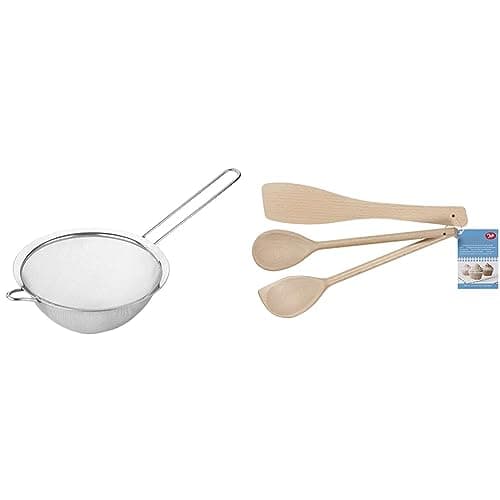 Image of Tala Stainless Steel Strainer, 20cm Diameter and Perfect for washing small Fruit and Berries Set of 3 Wooden Cooking Utensils