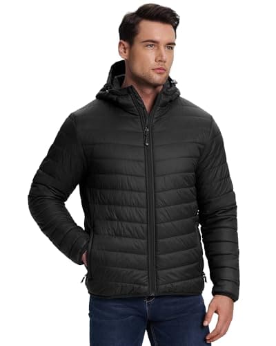 Image of 33,000ft Lightweight Waterproof Puffer Jacket Men's Packable Insulated Winter Jacket with Hood Windproof Mens Quilted Coat for Hiking, Travelling Black L