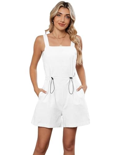 Image of IMEKIS Summer Jumpsuit for Women Dungarees Shorts Adjustable Straps Drawstring Overalls with Pockets Casual Sleeveless Romper Baggy Playsuit White L