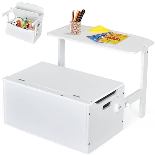 Image of GYMAX 3 in 1 Kids Storage Bench, Convertible Toy Storage Box with Safety Hinge, Wooden Children Table and Chair Set for Playroom Bedroom (White)