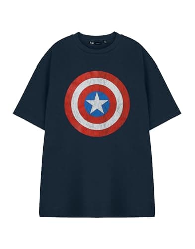 Image of Captain America Shield Marvel Mens Blue Short Sleeved Graphic Tee | Superhero Logo T-Shirt | Avengers Fan Apparel Top | Comic Book Hero Merchandise | Patriotic Shield Design Shirt