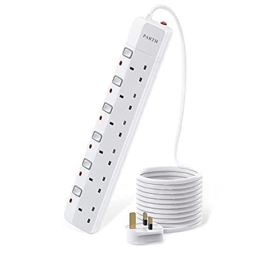 Image of PARTH Surge Protected Extension Lead 3m Cable - 6 Way Surge Protection Multi Plug Extension with Individual Switches - UK Sockets Wall Mounted Power Strip 13A/3250W for Home, Motorhome, Travel, Office