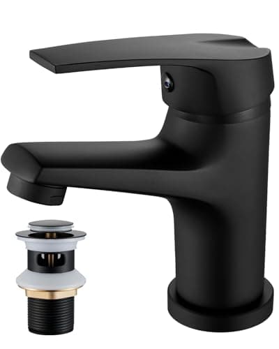 Image of Black Basin Taps, Bevankly Black Bathroom Sink Tap, Hot and Cold Water Brass Basin Mixer Taps, Single Lever Mono Cloakroom Mixer Taps with G1/2 Adaptor, Matte Black
