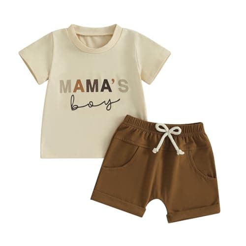 Image of Qianderer Baby Boy Clothes Toddler Summer Outfit Short Sleeve T-Shirt Tee Tops Joggers Casual Shorts 2Pcs Clothing Set (Ba Khaki 2, 12-18 Months)