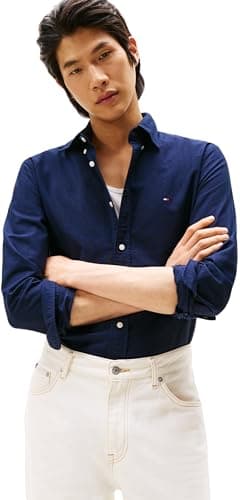 Image of Tommy Hilfiger Men’s Long Sleeve Oxford Shirt, Blue (Preppy Navy/Desert Sky Solid), M