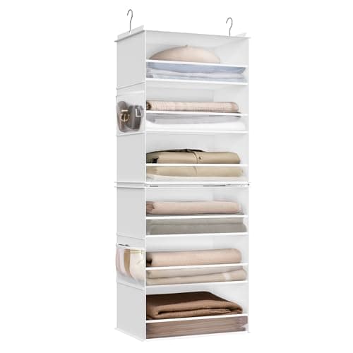 Image of SONGMICS Hanging Wardrobe Organiser, 6-Tier Fabric Storage Shelf, Separable Closet Hanging Shelf with Side Pockets, Foldable, Metal Hooks and Bamboo Inserts, Cloud White RCH007W01