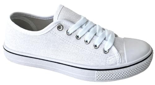 Image of Ladies Unisex Flat Casual LACE UP Girls Pumps Canvas Plimsolls Womens Trainers Shoes Gym Sports Trainers Lightweight Comfortable PE White