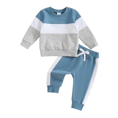 Image of Geagodelia Toddler Baby Boy Spring Fall Outfit Clothes Contrast Color Jumper Sweatshirt Top Trouser Jogger Set Tracksuit (Blue, 6-12 Months)