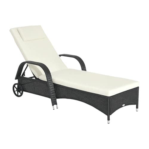 Image of Outsunny Garden Rattan Furniture Single Sun Lounger Recliner Bed Reclining Chair Patio Outdoor Wicker Weave Adjustable Headrest with Fire Retardant Cushion - Black