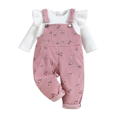 Image of QUNERY Baby Girls Clothes Rib Knit Long Sleeve Tops Floral Suspender Pants with Pocket Outfits sets pink 3-6 months
