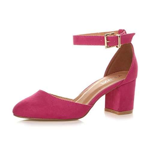 Image of Ajvani Womens Ladies Low mid Block Heel Ankle Strap Court Shoes Sandals, 8 UK, Fuchsia Suede
