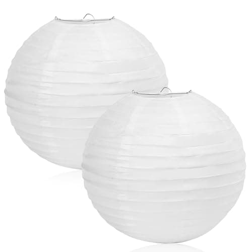 Image of 2 Pcs White Paper Lanterns, Paper Lampshades for Ceiling Lights, 12 inch Ribbed Style Lampshade for Home Party Decorations (2 White Lanterns)