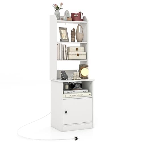 Image of Multigot Bedside Table with Charging Station, 140cm Tall Wooden Nightstand Storage Unit with Cabinet and Adjustable Shelves, Modern Sofa Side End Table for Bedroom Living Room (White)