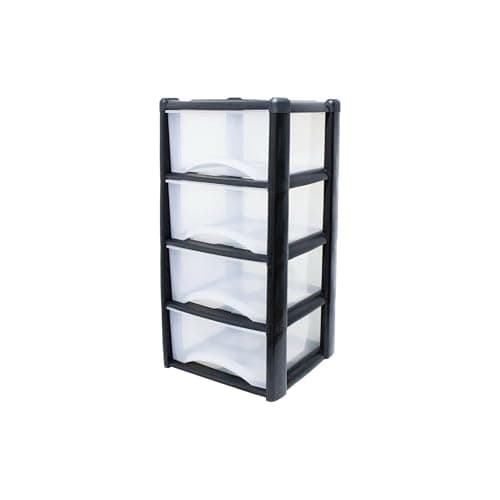 Image of Neat. 4 Plastic Storage Drawers Unit with See-Through Drawers, Compact Vertical Design – Durable Plastic, Ideal for Organizing Office Crafts, and Household Items, 80cm x L39cm x W39cm - Black/Clear