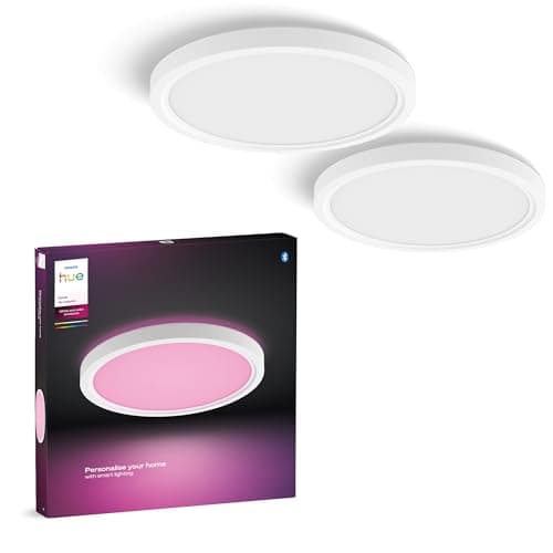 Image of Philips Hue Devote Smart LED Panel Light, White and Color Ambiance, Round 30cm, 16.6W, 2000 Lumens, White Frame for Indoor Home Lighting, Ceiling, Living Room, Kitchen, Hallway, 2 Pack, S
