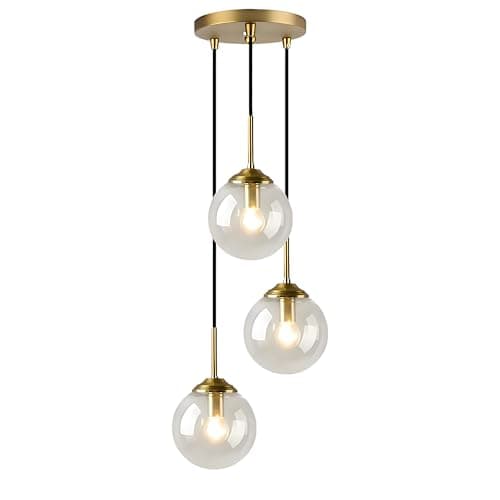 Image of HJXDtech Industrial Vintage 3 Lights Pendant Light,Glass Globe 3 Pendants Ceiling Light, Brass E27 Hanging Lamp Cluster Over Kitchen Island & Dining Room Table (Clear)