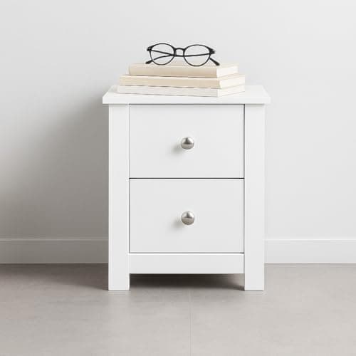 Image of Home Treats White 2 Drawer Bedside Table | Modern Wooden Nightstand | Bedroom Storage Cabinet for Lamp, Books & Essentials | Side Table | H 40cm x W 30cm x D 30cm