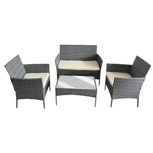 Image of COZYBRITE Rattan Garden Furniture Sofa Set with Coffee Table Chairs 4 Seater for Outdoor Patio Balcony 6210-B (Mixed Grey+Beige Cushions)