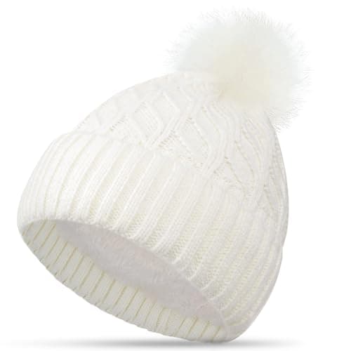 Image of FORVEVO Bobble Hat Women White Winter Beanie Hats Knitted Hat Ladies Warm with Fleece Lined & Detachable Pom Pom Cap