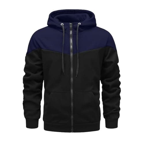 Image of Mens Fleece Hoodies Zip up Hooded Sweatshirt Patchwork Casual Hoody Contrast Color Top Long Sleeve Warm Jacket Navy l