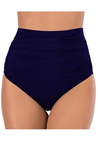 Image of Lovache Women's High Waisted Bikini Bottoms Solid Ruched Tummy Control Swim Briefs Navy
