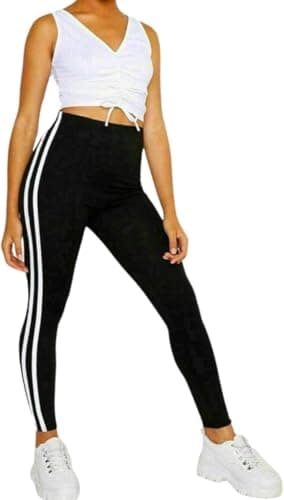 Image of ANZEE Ladies Two Side Stripe Legging Tight Active Wear Sports Stretchy High Waisted Bottom – Womens Slim fit Skinny Gym Pants Trousers UK S-XXL (UK, Alpha, M, L, Black 2 Side Stripe)