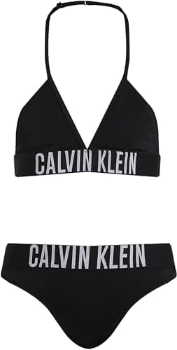 Image of Calvin Klein Girls’ Triangle Bikini Set with Logo, Black (Pvh Black), 14-16 Years