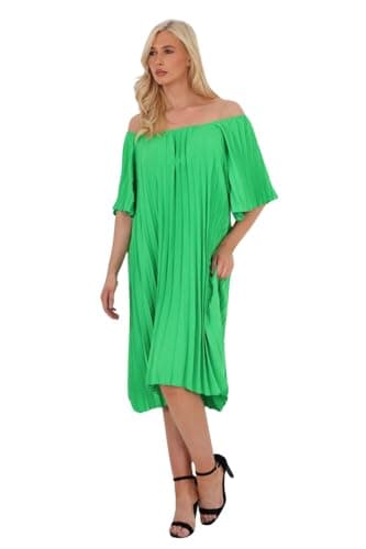 Image of STAR FASHION Off the Shoulder Pleated Dress for Womens Tunic Midi Evening Dress Ladies A-Line with Bardot Short Sleeve Italian Made One Size Jade Green