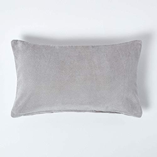 Image of HOMESCAPES Light Grey Velvet Cushion Cover Super Soft Cotton Velvet Luxury Scatter Cushion Rectangle Plain Silver Accent Throw Pillow for Sofa and Bed Decoration with Hidden Zipper, 30 x 50 cm